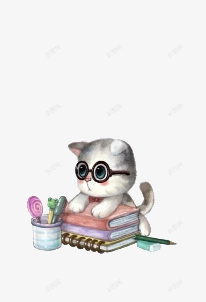 手绘逼真猫咪png免抠素材_88icon https://88icon.com 书本 可爱 小猫 戴眼镜 手绘猫咪 笔筒