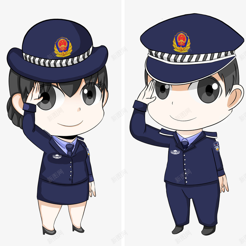 手绘卡通Q版男女警察png免抠素材_88icon https://88icon.com Q版 公安 军人敬礼 卡通 手绘 敬礼 男女警察 立正敬礼 证件插画