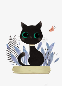 猫的尾巴手绘黑色猫咪小鸟高清图片