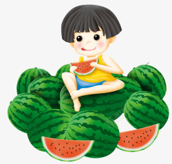 吃西瓜插画吃西瓜的小孩插画夏天高清图片