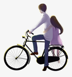 手绘人物插图骑自行车的情侣背影素材