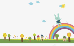 线描草地爱心云朵小兔与彩虹高清图片