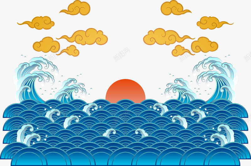 蓝色的海浪和祥云矢量图eps免抠素材_88icon https://88icon.com PNG素材 太阳 抽象海浪素材 杨云 海浪 矢量图