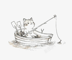 划船船卡通手绘钓鱼的小猫高清图片