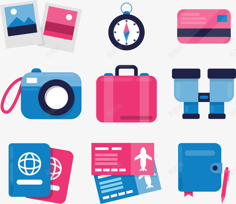 蓝粉色度假出行物品png免抠素材_88icon https://88icon.com 出行物品 卡通 旅游度假 矢量图案 蓝粉色 装饰