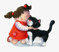 卡通黑猫小女孩故事插图素材