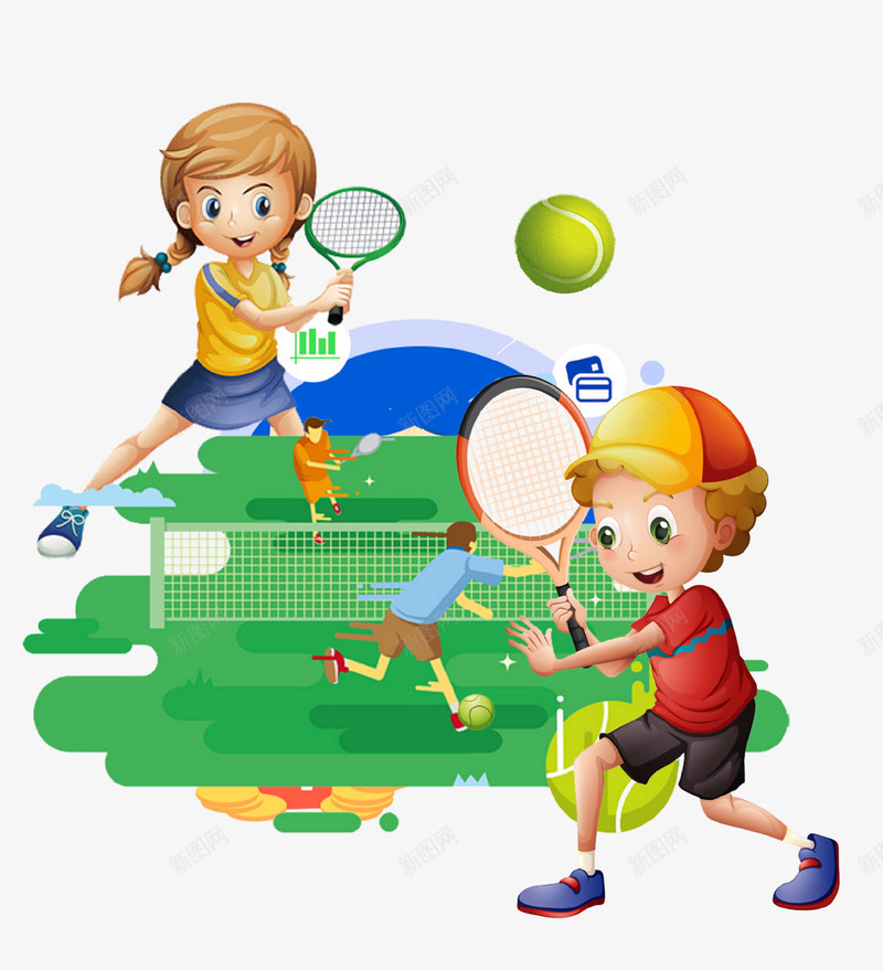 卡通手绘网球运动场插画psd免抠素材_88icon https://88icon.com 卡通手绘 插画 比赛 球拍 网球 运动员 运动场