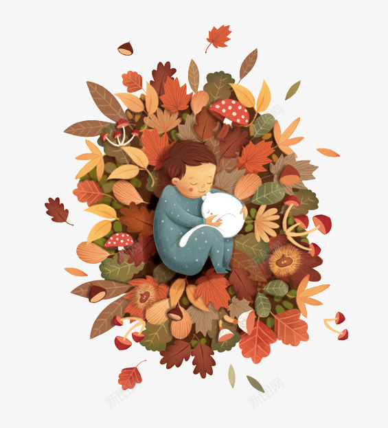 手绘棕色秋季树叶孩子png免抠素材_88icon https://88icon.com 手绘 树叶 棕色 秋季 躺在树叶上的孩子