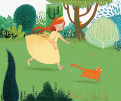 在树林追着小猫的女孩素材