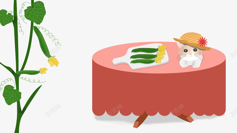 卡通手绘桌子上睡觉的猫咪psd免抠素材_88icon https://88icon.com 卡通 手绘 桌子上睡觉的猫咪 桌布红 粉色的桌布 绿色植物装饰 黄色的花朵