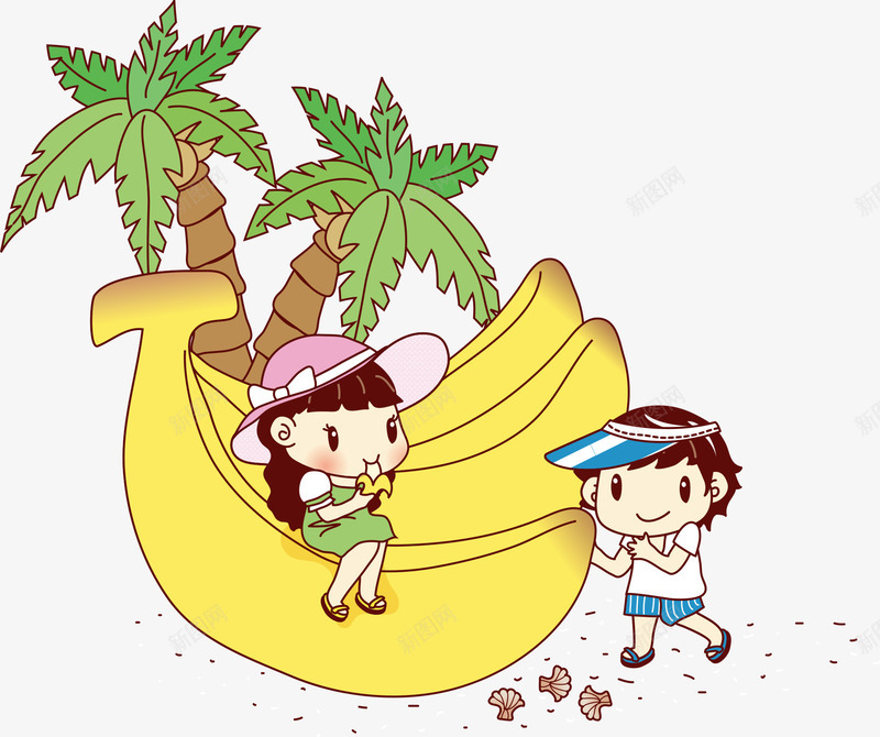 香蕉上的卡通女孩png免抠素材_88icon https://88icon.com 卡通人物 卡通女孩 卡通插画 女孩 椰树 矢量人物 香蕉