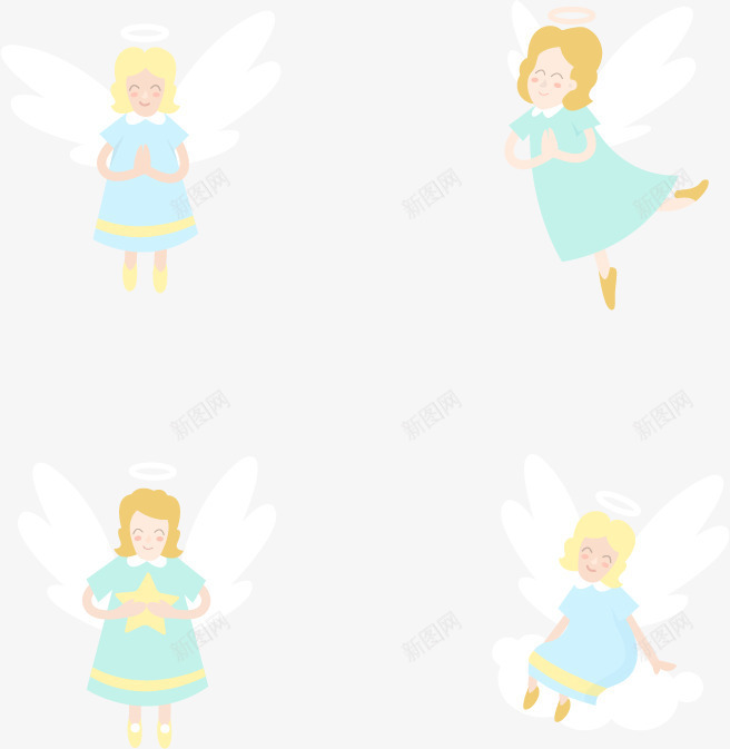 四个手绘小天使png免抠素材_88icon https://88icon.com 圣诞节天使 小天使 白色翅膀 蓝色连衣裙