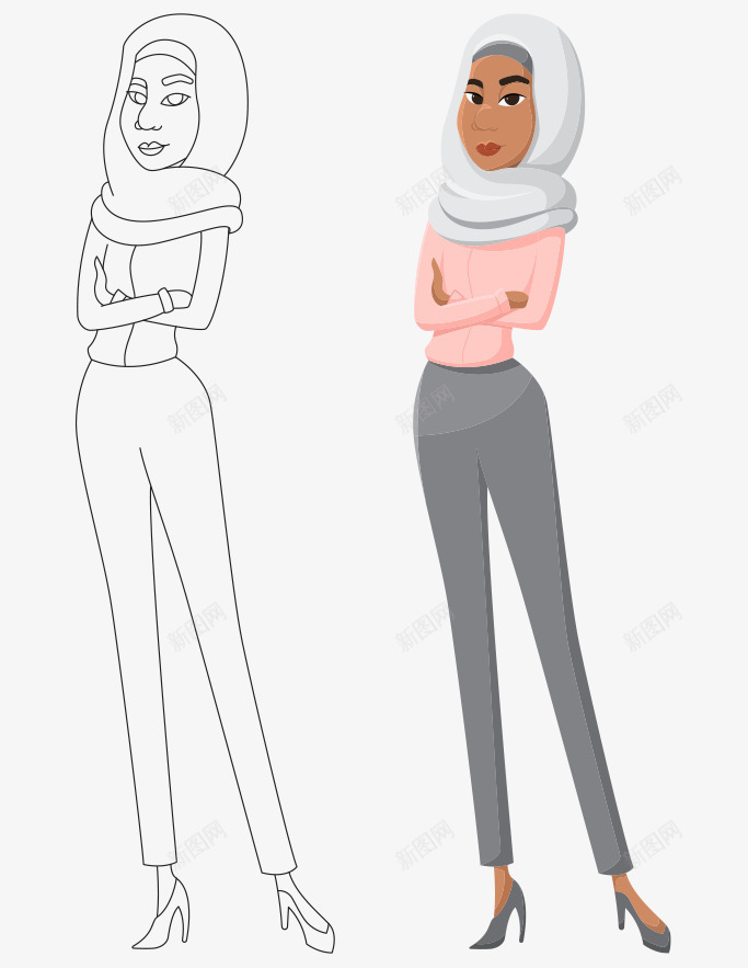 卡通手绘线稿彩色阿拉伯女人叉手png免抠素材_88icon https://88icon.com 卡通的女人 女人叉手 平面阿拉伯女人素材 彩色的阿拉伯女人 手绘的线稿
