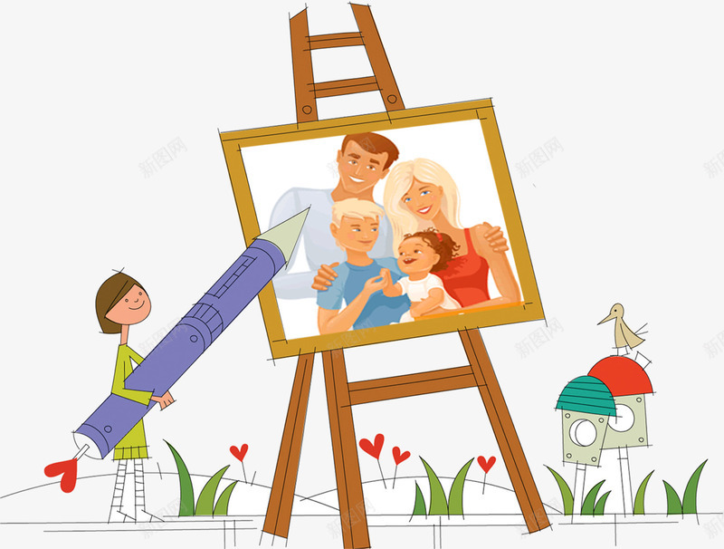 幸福一家人png免抠素材_88icon https://88icon.com 卡通 家庭 手绘 画画 绿草