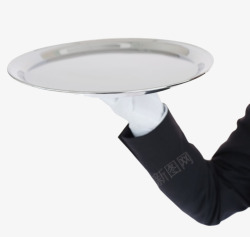 戴手套的人单手托着盘子的服务员高清图片