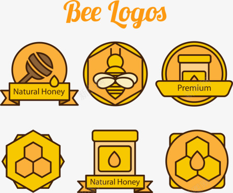 漂亮黄色蜜蜂6款蜂蜜元素标志矢量图图标图标