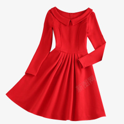 娃娃领长袖修身红裙素材