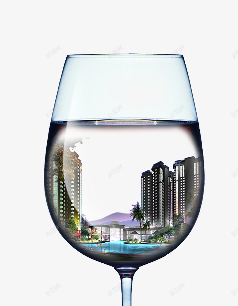 酒杯里的水边城市png免抠素材_88icon https://88icon.com 城市 水边 素材 酒杯