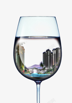 酒杯里的水边城市素材