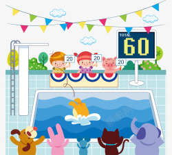 卡通手绘猪狗大象举行跳水比赛素材