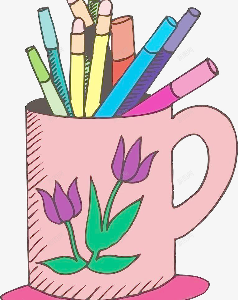 粉色笔筒png免抠素材_88icon https://88icon.com 一只手拿笔写字 手绘 收纳 文具 杯子 紫色花朵 铅笔