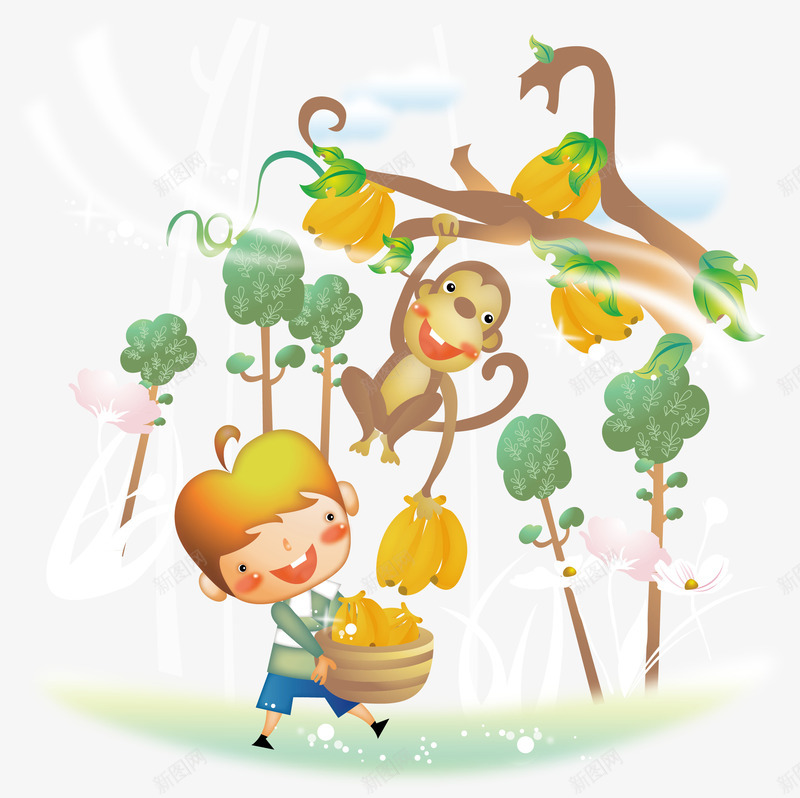 小猴子摘香蕉png免抠素材_88icon https://88icon.com 丰收 卡通 小猴子 摘香蕉