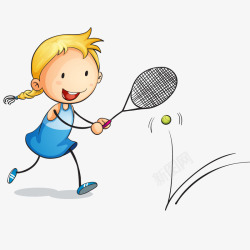 手绘卡通小女孩打网球素材