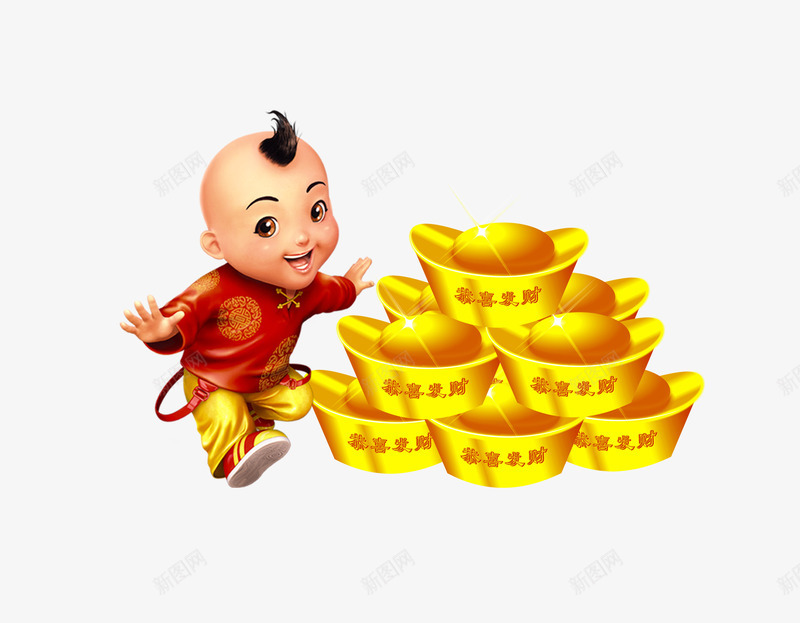 年娃娃和金币png免抠素材_88icon https://88icon.com 人物 喜庆 新年 新年素材 黄色金币