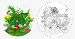 卡通手绘线稿彩色草丛蜗牛花朵素材