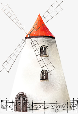 卡通手绘红房子风车素材