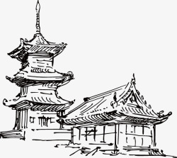 手绘古式中国建筑线稿素材