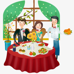 满桌子饭菜手绘夫妻两用餐高清图片