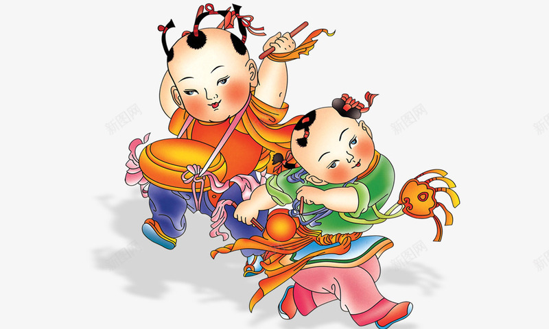复古插画png免抠素材_88icon https://88icon.com 中国娃娃 卡通孩子 复古 打鼓 插画