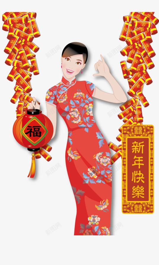 新春送福png免抠素材_88icon https://88icon.com 中国风 新春送福 旗袍美女 灯笼 炮竹 红色