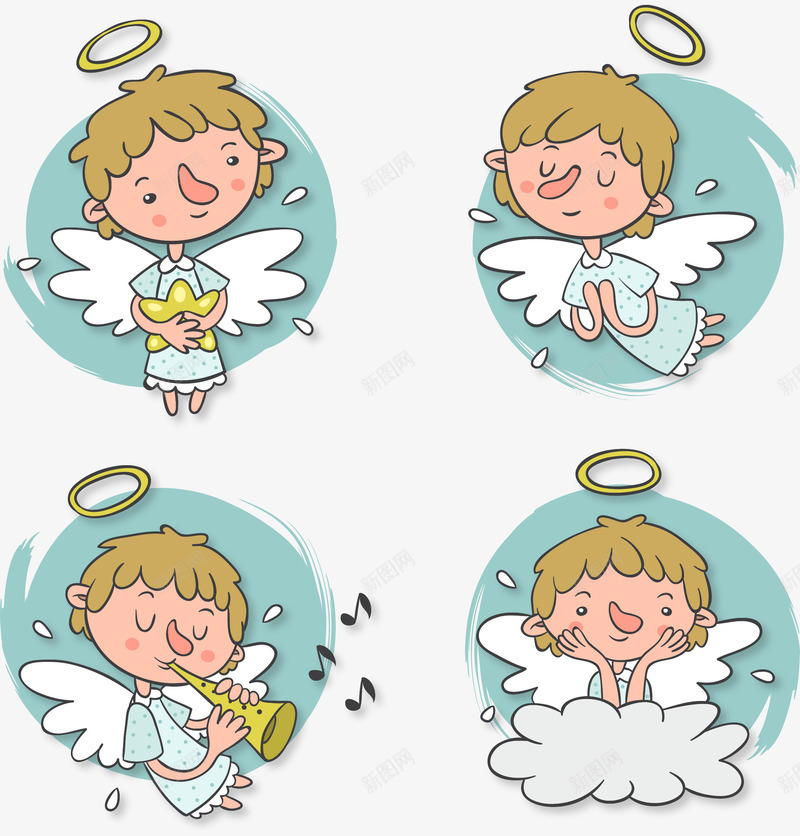 四个天使矢量图ai免抠素材_88icon https://88icon.com 免扣png 免扣png素材 免费png素材 卡通天使 圣诞素材 天使男孩 矢量图