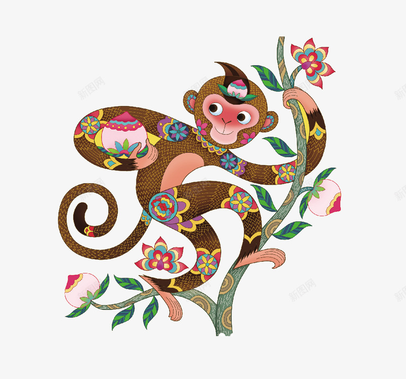 卡通猴子爬树png免抠素材_88icon https://88icon.com 免抠png 动物 卡通 猴子 猴子爬树 绿藤 蟠桃 香蕉