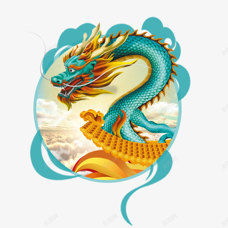 中国风屋檐上盘旋的龙psd免抠素材_88icon https://88icon.com 中国风 屋檐上 盘旋的龙 蓝色的龙 蓝色祥云装饰