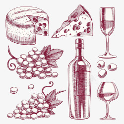 彩色红酒酒杯奶酪素描图案素材