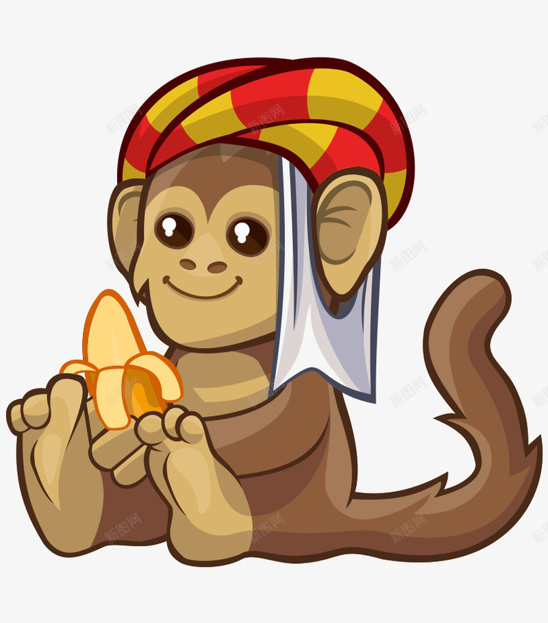 卡通手绘吃香蕉坐着戴头巾猴子png免抠素材_88icon https://88icon.com 卡通的动物 吃香蕉的猴子 戴头巾的猴子 手绘的猴子