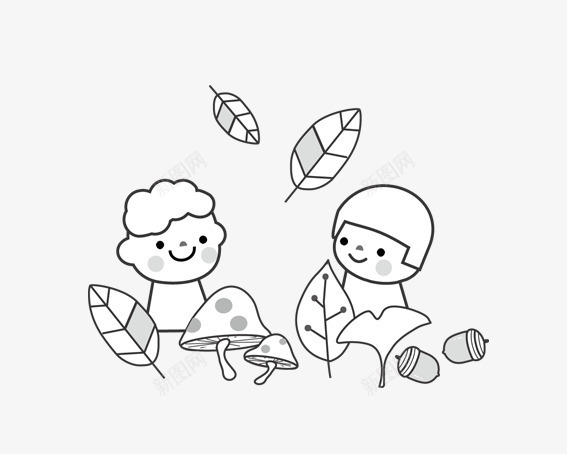 娃娃和树叶png免抠素材_88icon https://88icon.com 卡通娃娃 卡通小女孩子 卡通小男孩 卡通树叶 卡通蘑菇 白色 透明 黑色