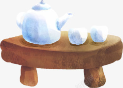 手绘茶壶茶杯桌子素材