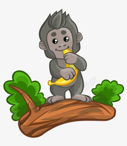 卡通手绘可爱猴子站树头上吃香蕉素材