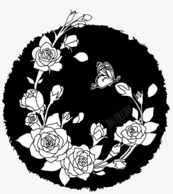 手绘线描黑白花卉图案素材