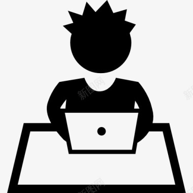 学生学习计算机的男孩坐在桌子图标图标
