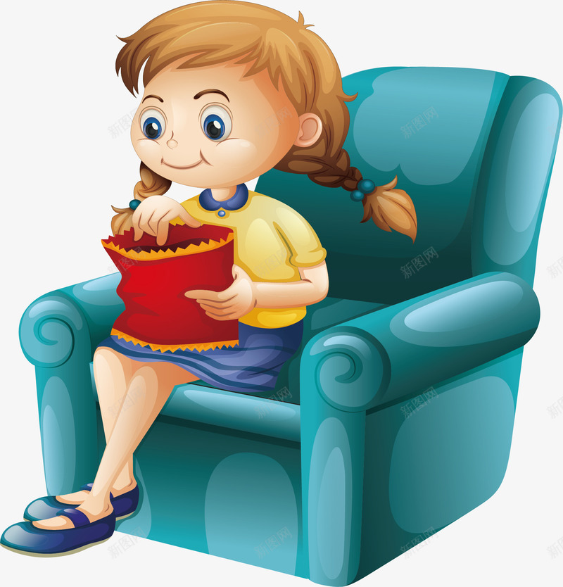 吃薯片的女孩png免抠素材_88icon https://88icon.com 可爱女孩 吃薯片 看电视 绿色沙发