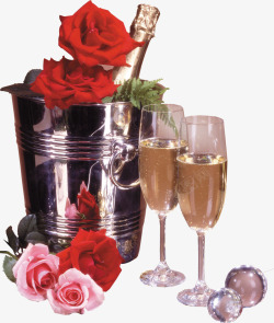 桶里的玫瑰花香槟西餐素材