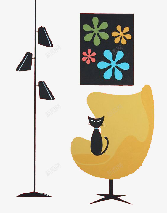 黄色沙发上的猫png免抠素材_88icon https://88icon.com 墙画 花朵 黄色沙发 黑猫