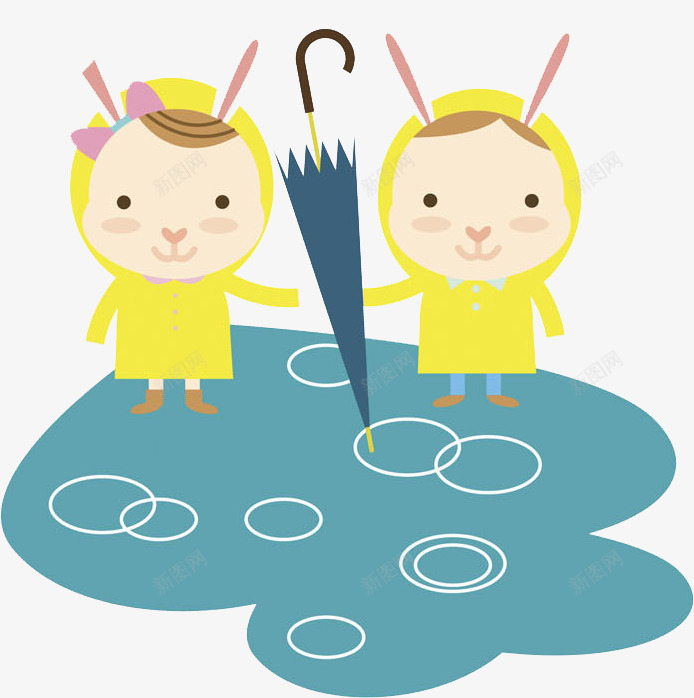 雨中的两只小兔png免抠素材_88icon https://88icon.com 卡通 可爱 小兔 粉色蝴蝶结 雨伞 雨水 黄色雨衣 黄色雨衣卡通人物形象
