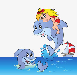 小女孩月海豚卡通矢量图素材