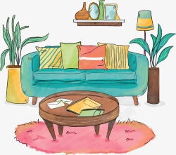 手绘客厅绿色沙发矢量图素材